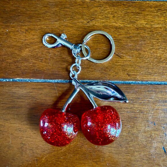 NEW Red Glitter Large Cherries Purse Charm Keychain Silver Toned - Picture 4 of 7